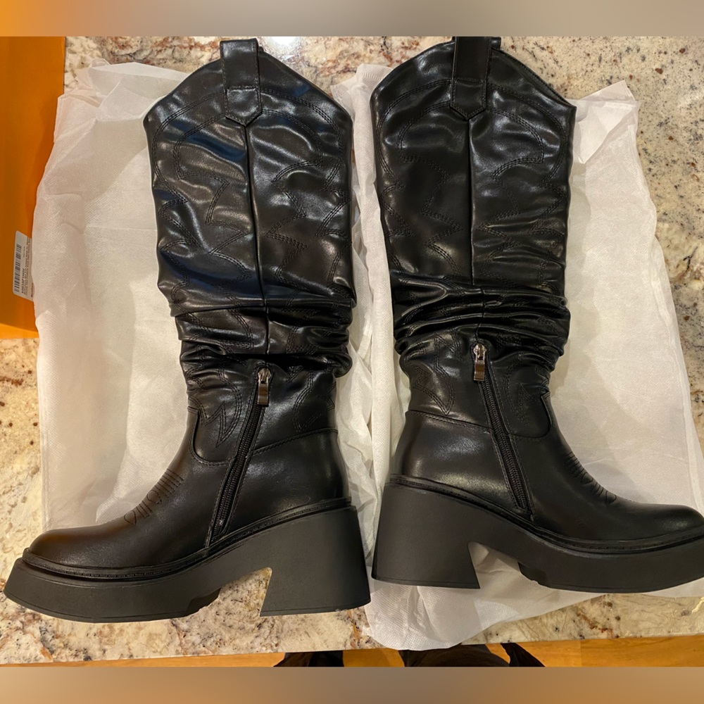 Mattiventon Mid Calf Cowgirl Boots for Women Chunky Heel Side Zip Knee High...